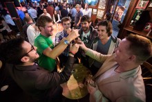 A group of young entrepreneurs working in startup companies gather at the ‘Final Final’ bar in the Marina area in San Francisco to watch game 7 of the NBA 2013 finals.